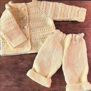 Yellow Knit Baby Sweater and Pants Set - handmade